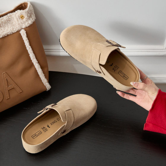 Genuine Leather Thick-Soled Birkenstock Shoes for Women with Inner Heightening 2025 Spring Lazy Toe-Cap Half Slippers for Outer Wear Belt Buckle Birkenstock Shoes