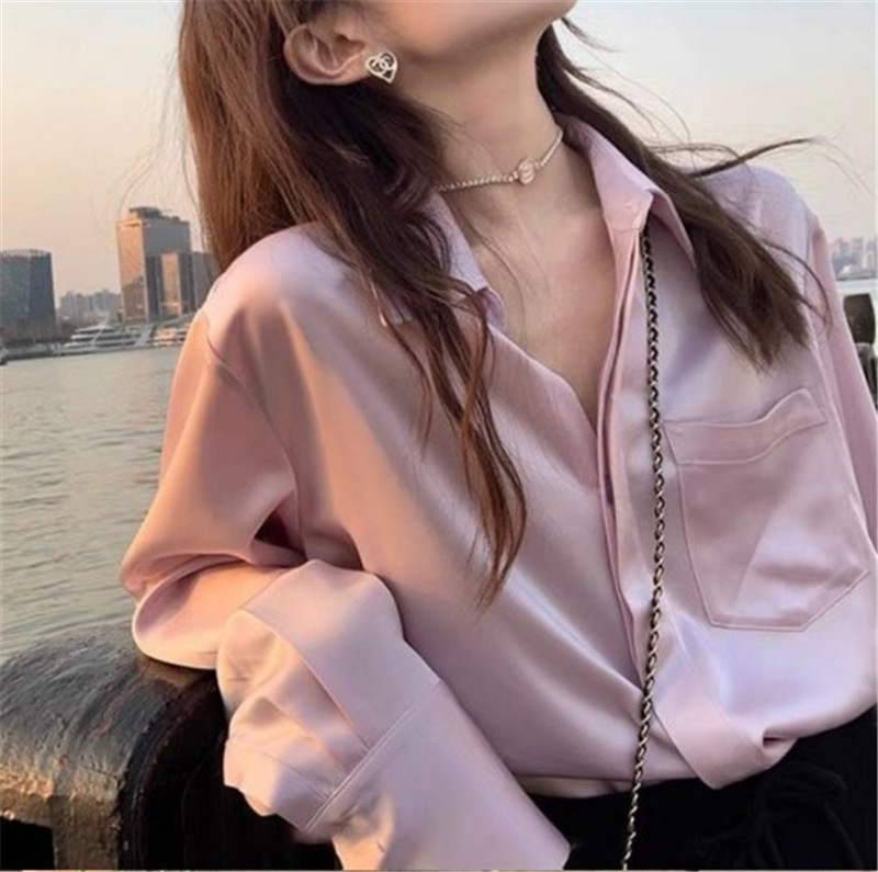 Designed Elegant Acetate Satin Salt Shirt Women's Spring and Autum Niche Shirt Loose Pink Top Thin