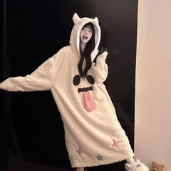加绒加厚女款宽松舒适睡袍睡衣甜美小幽灵趣味鬼脸卡通趣味设计感