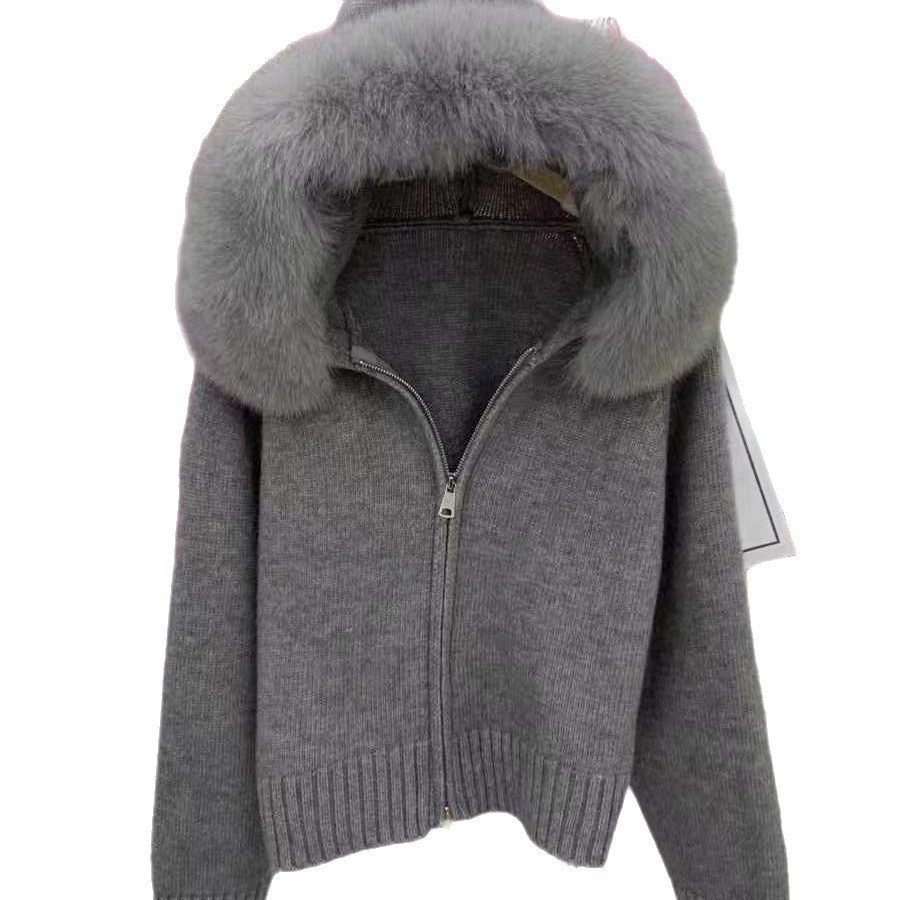 Cross-border coreano retro otoño invierno jersey de punto mujeres relajado casual versátil de manga larga cuello con capuchón suéter chaqueta mujer