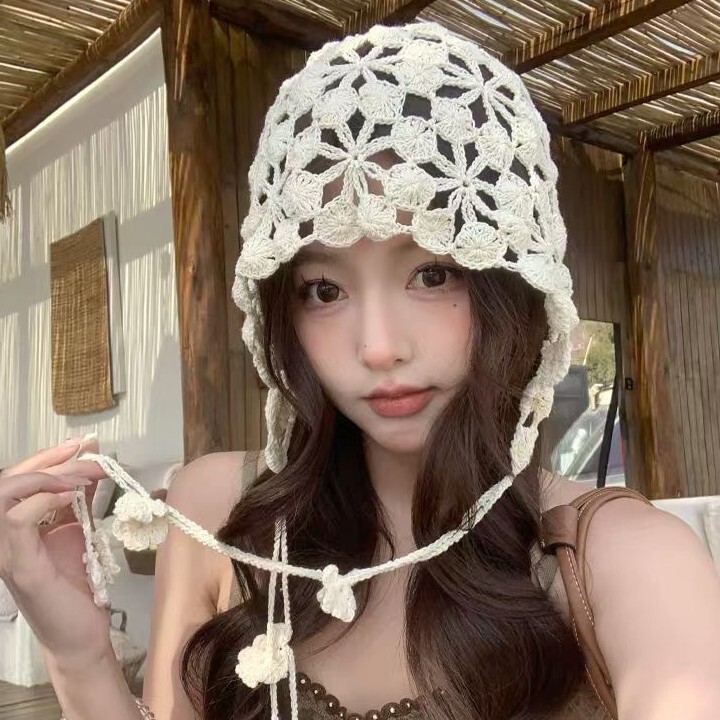 ボヘミアンフラワータッセル編み込みつば帽子レトロ中空エスニックスタイル手編みプルオーバー帽子|undefined