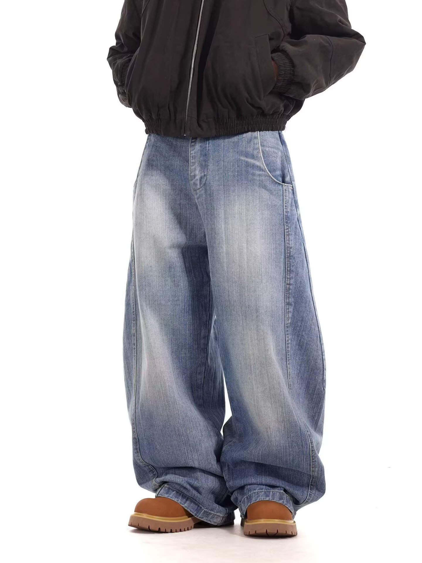 Unisex American Retro Washed Deconstructed Curved Jeans Loose Fitting Relaxed Style Wide Leg Slimming Casual Jeans_mkmklike.com