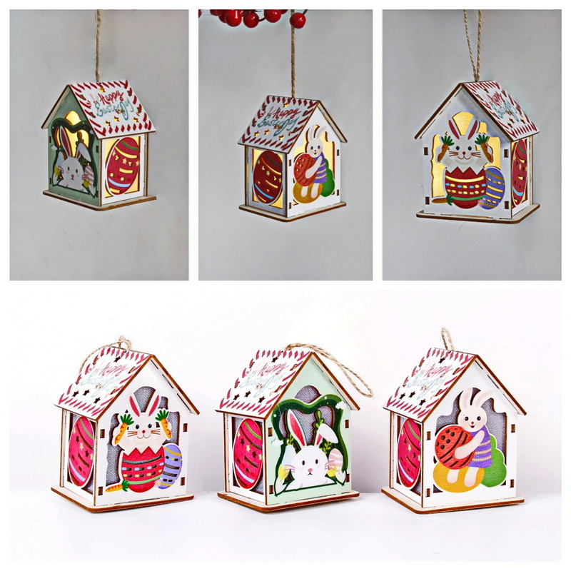 Cottage de Pascua transfronteriza creativa de dibujos animados huevos de conejo luminoso casa pequeña colgante artesanía de madera iluminación