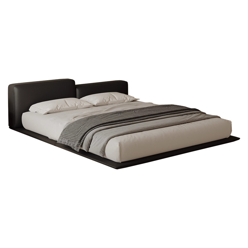 Cama flotante de bloque de tofu alto y bajo minimalista de estilo italiano, cama de cuero de vaca de primera capa, cama de cuero para dormitorio principal, cama doble 2*2.2, cama de matrimonio