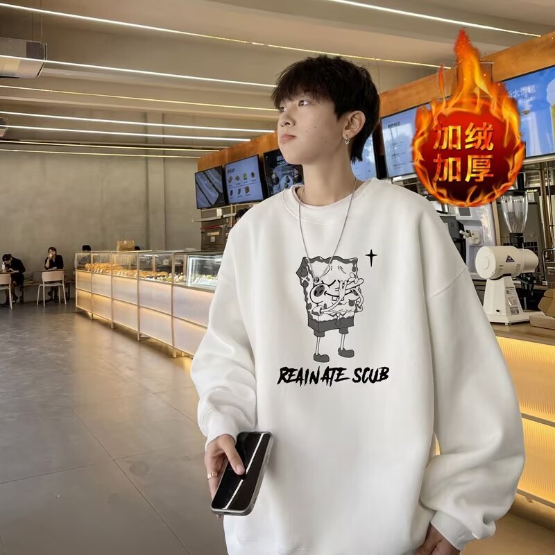 Simple and Trendy Japanese navy blue Spongebob Crewneck Sweatshirt Men's Spring and Autumn Elegant Harajuku Artistic New Style