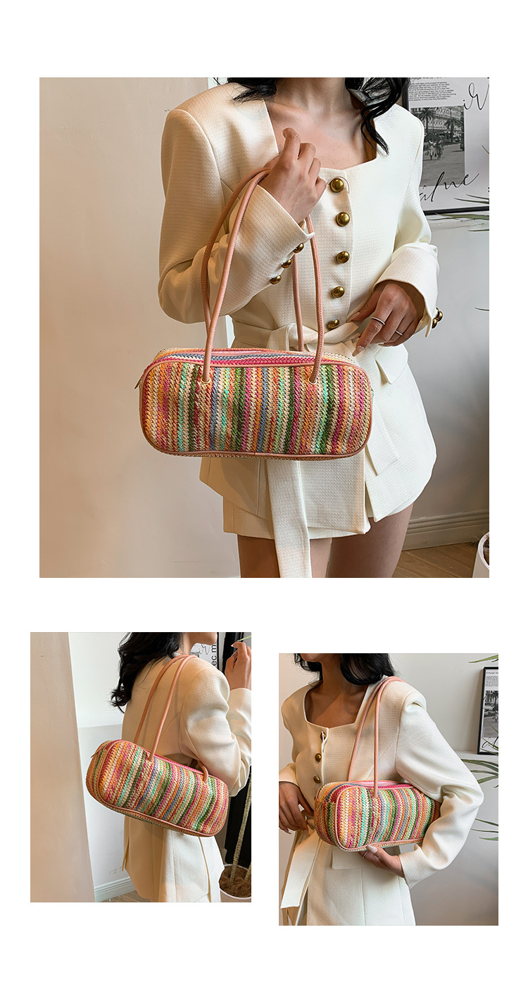 Women's Medium Straw Rainbow Vacation Classic Style Weave Oval Zipper Straw Bag display picture 4