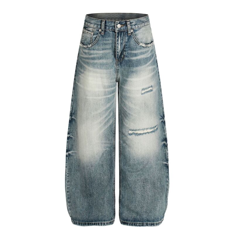 G6867 American High Street High-End Washed Retro Whisker Pattern Frayed Design Men's Loose Scimitar Jeans