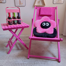 玫红荧光粉红色沙滩椅实木躺椅网红个性定 制露营地户外便捷折叠