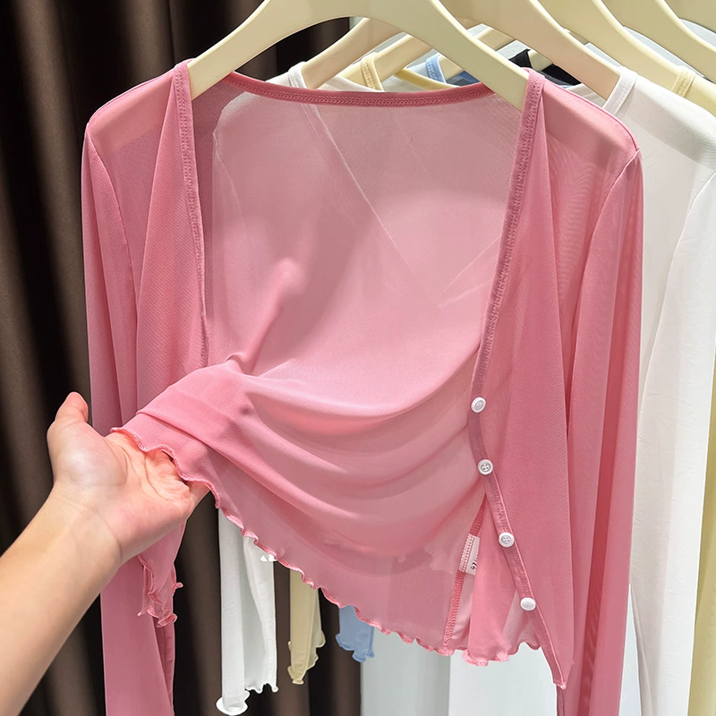 Женский топ из розового ледяного шелка с юбкой на подтяжках и тонким коротким солнцезащитным кардиганом с длинными рукавами