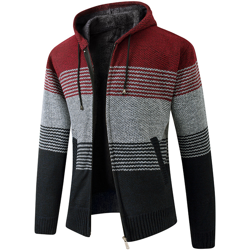 Venta al por mayor de ropa de hombre de comercio exterior otoño e invierno nuevo suéter de costura a juego de color chaqueta de punto chaqueta más suéter de costura de punto grueso de terciopelo