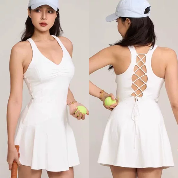 Cross-Border Lulu Tennis Skirt Suit for Women with Chest Pad and Back Cut Out Outdoor Badminton Wear Yoga Sports Dress