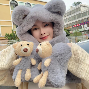 Bear Hat Korean Style Cute Women's Easiest for Match Autumn and Winter Scarf All-In-One Hat Warm Gloves and Scarf Three-Piece Set