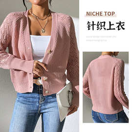 新款V领开衫藕粉色毛衣外搭四排扣小个子短款显瘦蝙蝠袖针织衫
