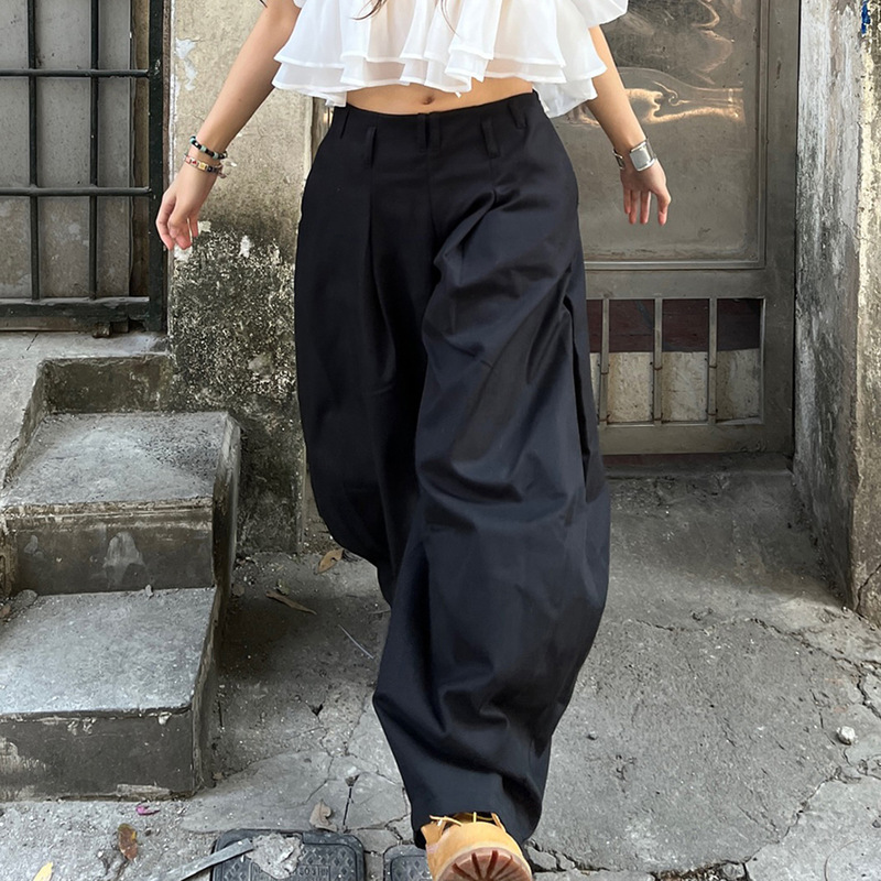 美式街头风辣妹褶皱低腰阔腿长裤秋冬新品宽松时尚黑色休闲裤批发|undefined