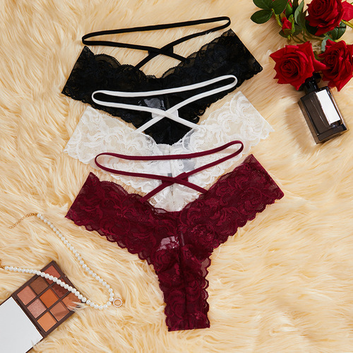 European and American foreign trade women's lace underwear sexy crotch hollow high waist thin strap bow European size mid-waist underwear for women