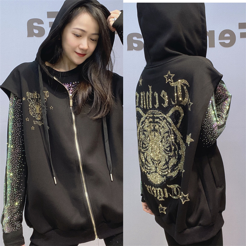 Chaleco de talla grande de gama alta para mujer transfronteriza Cárdigan suelto con cremallera de diamantes Fat mm estilo occidental con capucha chaqueta invierno