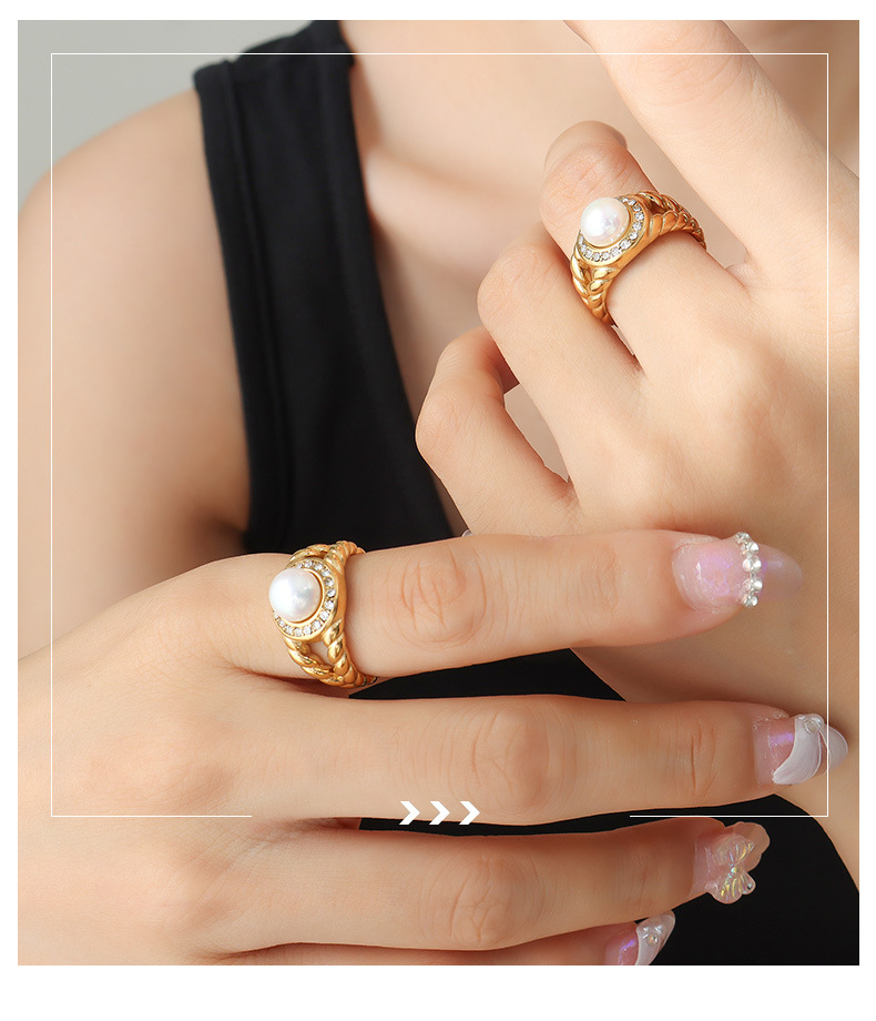 Retro Geometric Titanium Steel Rings Inlay Artificial Pearls Zircon Stainless Steel Rings