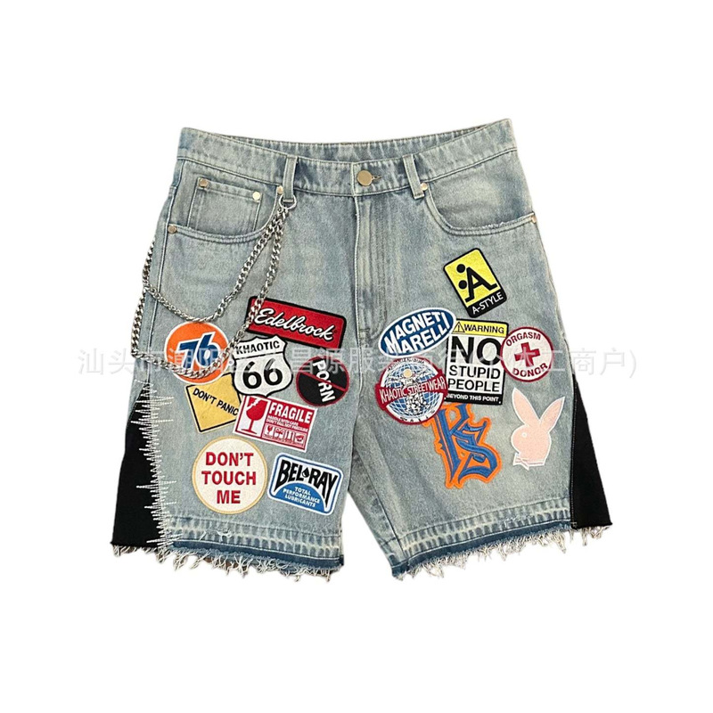 Hip-Hop Distinctive Street Retro Embroidered Pic Denim Shorts Loose Metal Decoration Men's and Women's Spring and Summer New Arrival