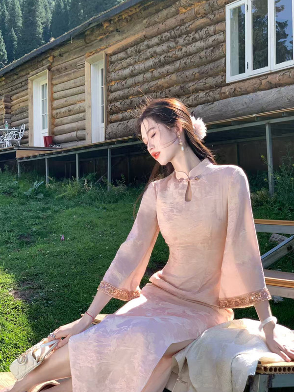 凌茜恣禾【甜月香】新中式珠光提花改良旗袍女早秋长袖镂空连衣裙|undefined