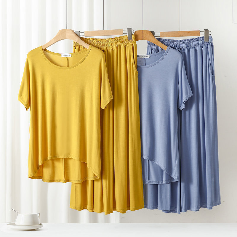 Summer Modal Front Short Rear Long Short-sleeved T-shirt High Waist Pocket Wide Leg Pants Home Clothes Fashion Color-blocking Two-piece Set Summer Modal Front Short Rear Long Short-sleeved T-shirt High Waist Pocket Wide Leg Pants Home Clothes Fashion Color-blocking Two-piece Set