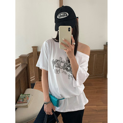 Huang Zheng 韓国風夏風オフショルダー半袖 T シャツ女性用、ゆったりとした多用途のレタープリントトップス女性用 520720