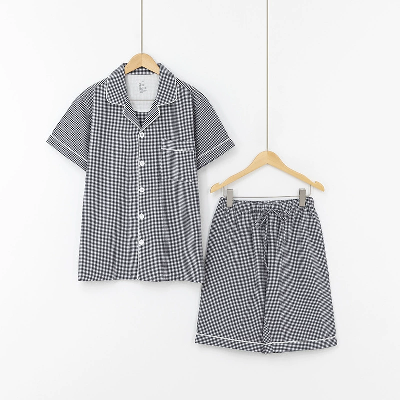 Пижама с короткими рукавами в японском стиле без принта, женские хлопковые весенне-летние шорты, Хлопковая мужская домашняя одежда в клетку без боковых швов