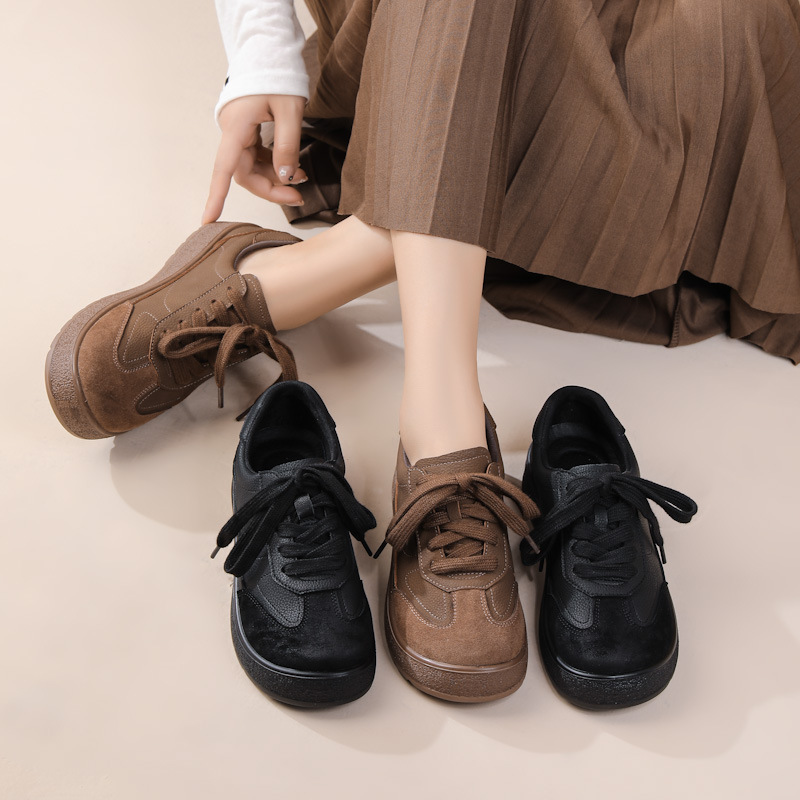 Damen Skaterschuhe Aus Echtleder Retro Braune Flache Sneakers_voghion.com