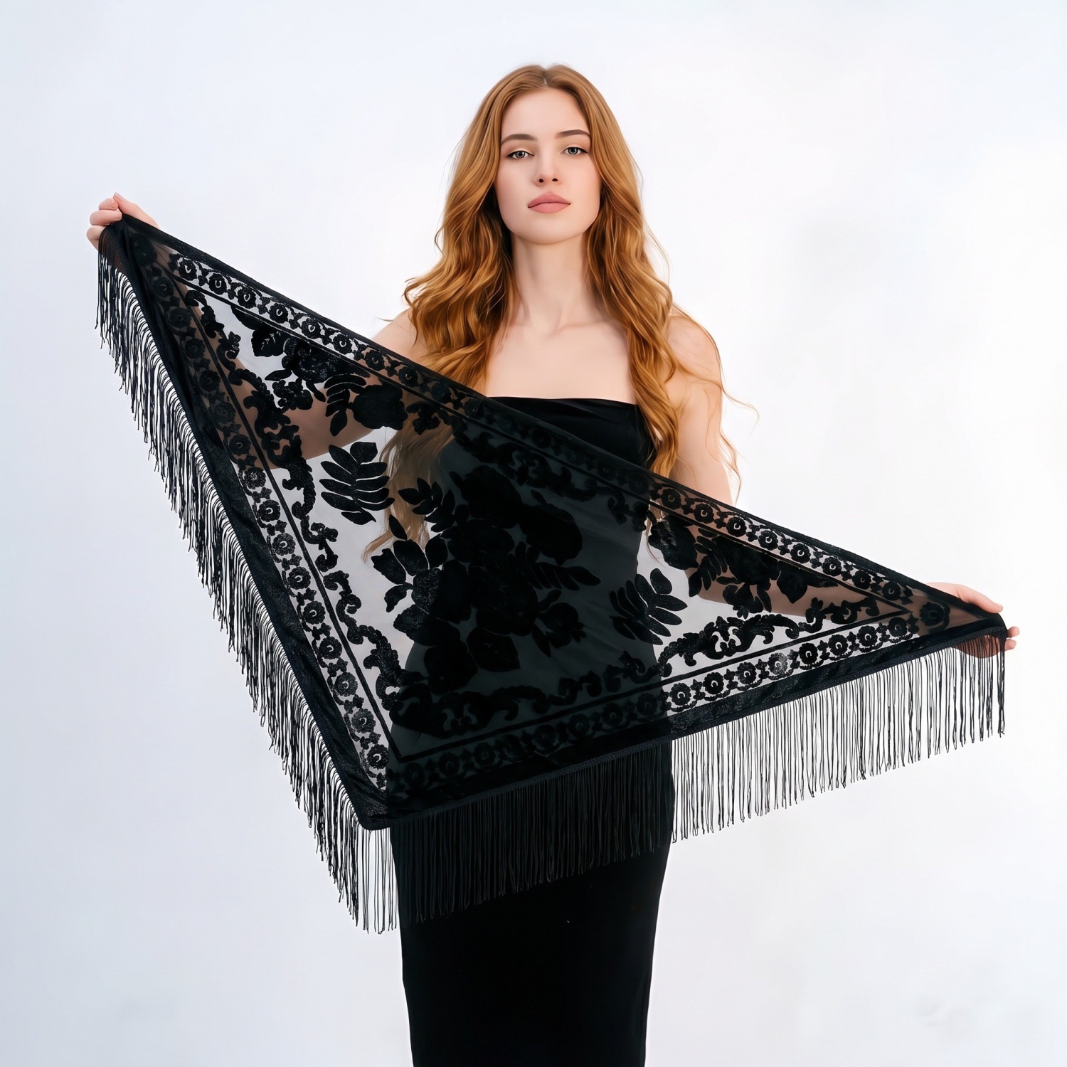 Cross-border exclusive supply for Russian foreign trade: women's velvet triangular shawl, European-style jacquard floral triangle scarf, air conditioning shirt
