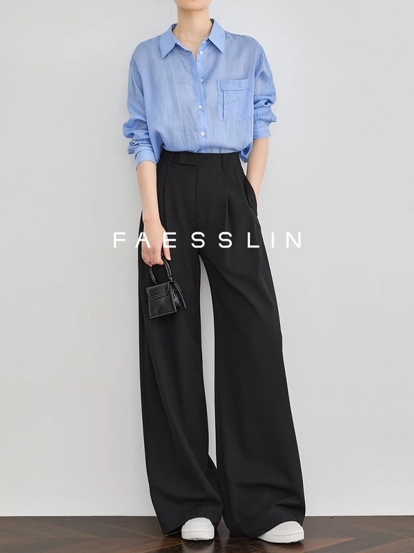 177 #   FAESSLIN【A4ウエストキラー】ブラックハイウエストスーツパンツエクストラロング高級ドレープ薄手ワイドパンツ|undefined