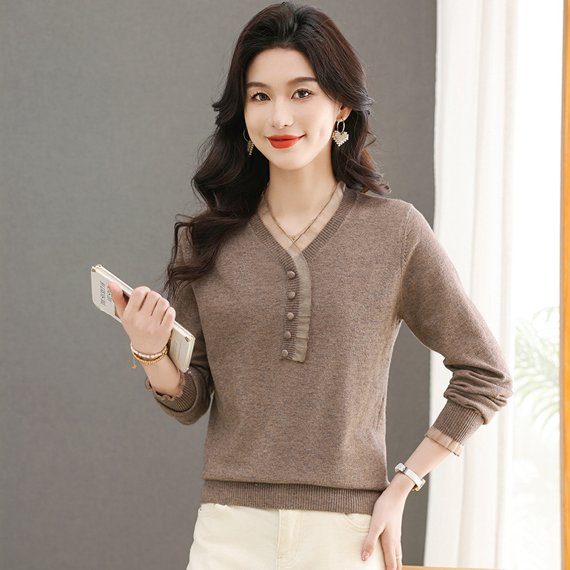 Brand Design Fashionable V Neck Knitwear Women's Autum Long-Sleeved Classic Simple Western Style Top Wool Bottoming Shirt