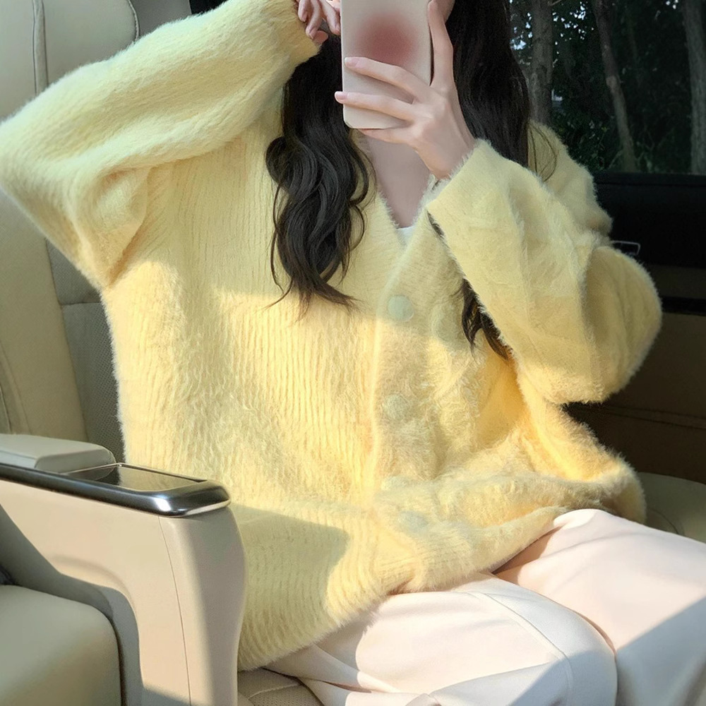 大版型厚款中长款甜美奶黄色针织衫开衫女秋冬新韩版宽松显瘦毛衣