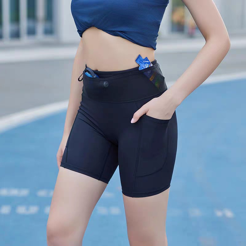 Pantalones cortos deportivos de verano para mujer, bolsillo para teléfono móvil, cintura alta, glúteos, maratón elástico, fitness, yoga, leggings de compresión