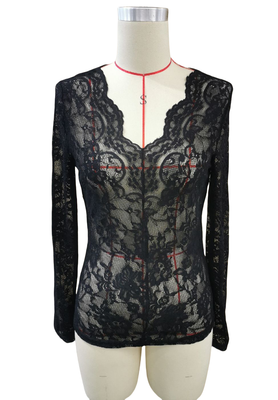 154g Weight Long Sleeve Sleeve Length Regular Sleeve Sleeve Type Lace, Nylon Fabric Type Ordinary Model (50cm <Length ≤ 65cm) Top Length Pullovers Tops Type Nightclub, Date, Tea Party Occasion V Neck Neckline Lace Function Slim Fit Type Solid Color Pattern 2025 Spring and Summer Season Women's Gender Elegant Style, Temperament Commuter Style 2025 Spring New Sexy Single Layer Flower Lace Fan Decoration Bottoming Shirt Top Female 1