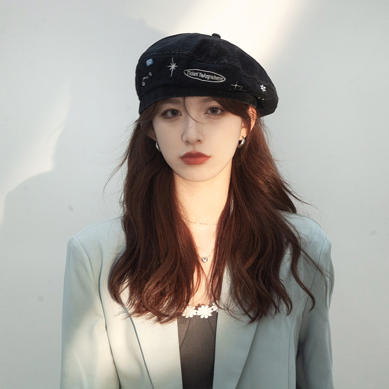 Boina de vaquero con bordado de letras mujeres verano y otoño estrellas calabaza gorra pintor gorra grande cara gorra pequeña