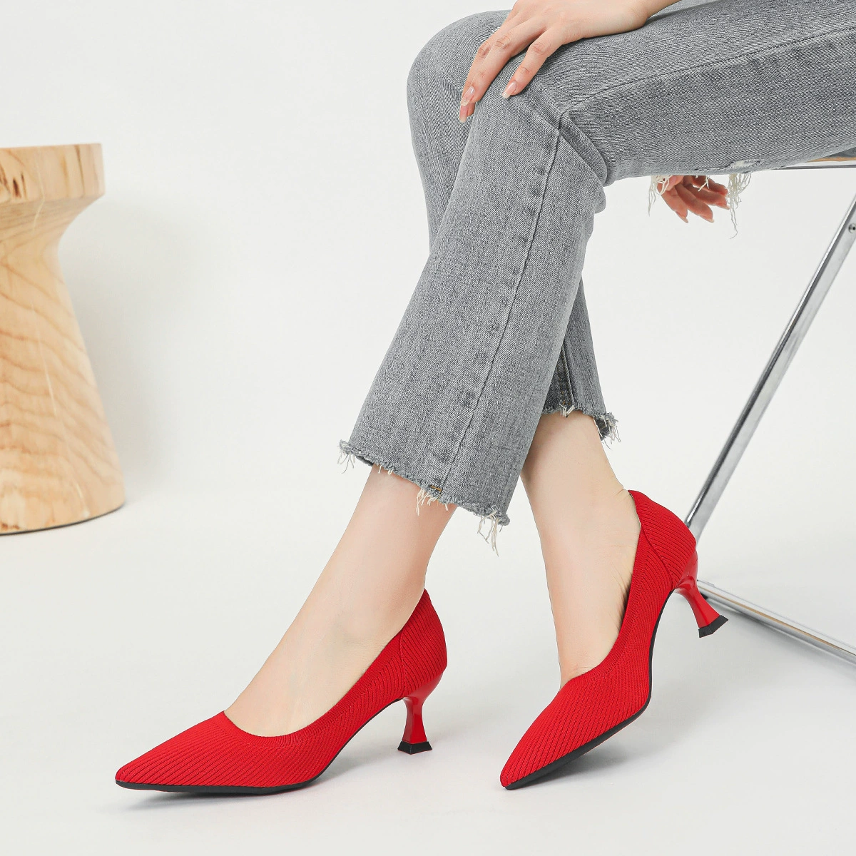 Туфли-лодочки на pointed toe для женщин, дышащая текстильная верхняя часть, EU 35–43, элегантный каблук-кошечка