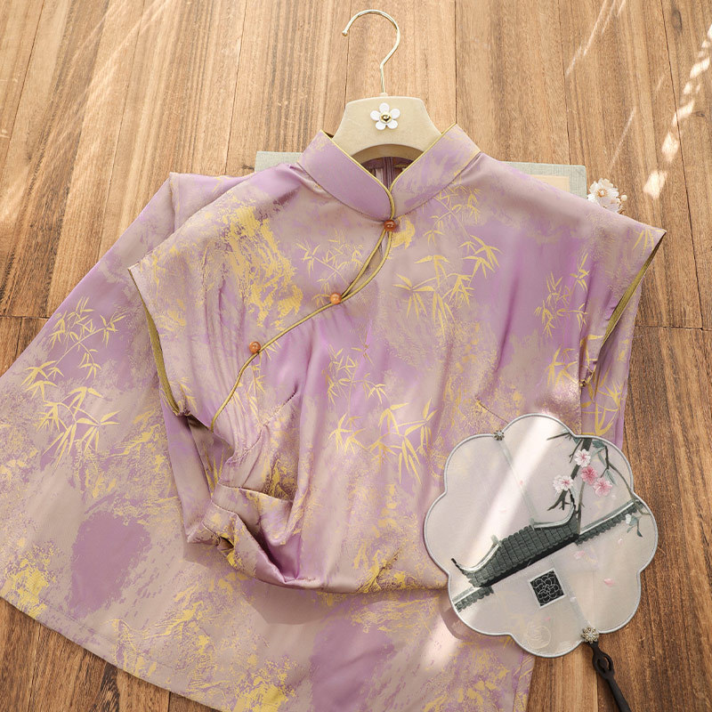 Pretty Niang Fish Purple Jacquard Satin Lady Cheongsam 2025 Spring New Improved New Chinese Elegant Elegant Daily