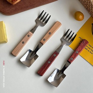 Cross-border solid wood stainless steel fork spoon Japanese style wooden handle square shovel watermelon spoon ice cream spoon dessert spoon