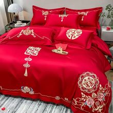 婚庆四件套大红色刺绣被套婚床新婚陪嫁喜庆床上用品床单床笠套件