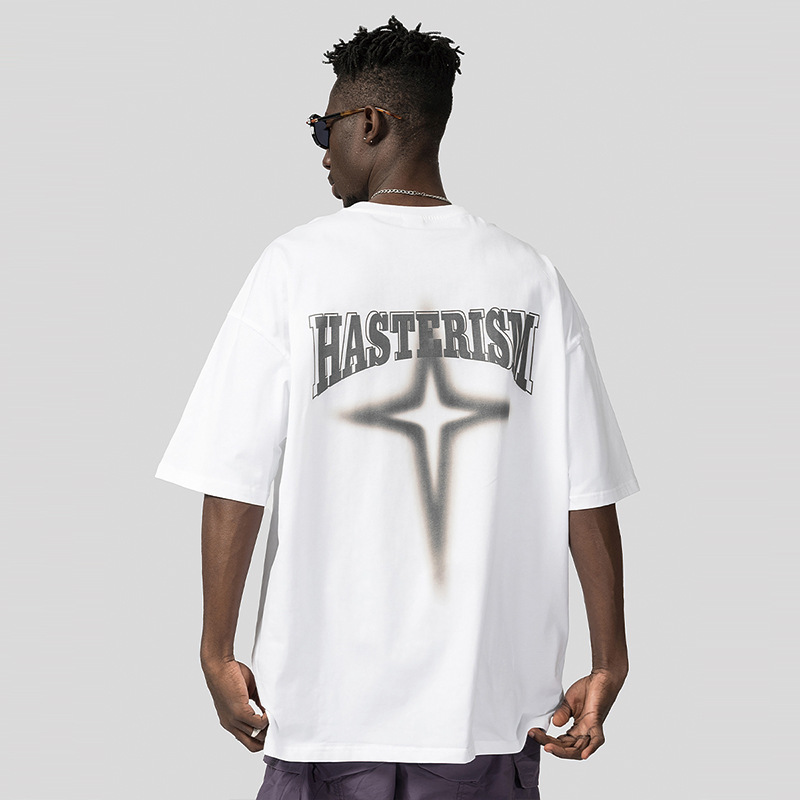 American High Street Fashion Brand T-shirt Men's Short Sleeve Star Print Loose Oversize Off Shoulder Cotton Round Neck_voghion.com