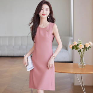 French style simple solid color sleeveless vest skirt 2024 autumn new professional commuter OL style crew neck all-match dress
