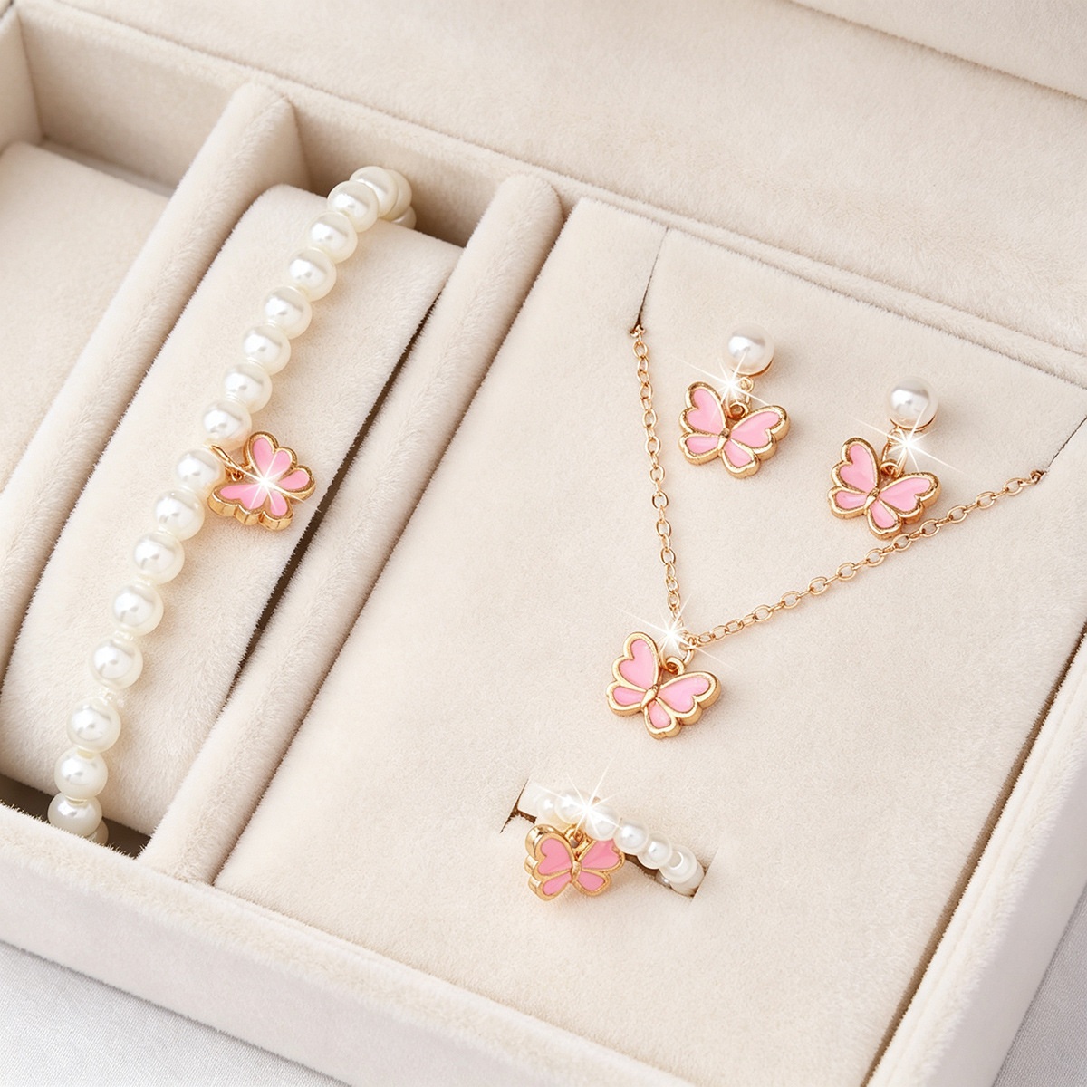 Cross-border Pearl Butterfly Jewelry suit Oil Butterfly Charm Pearl Bracelet Earrings Necklace Girls' Jewelry Wholesale