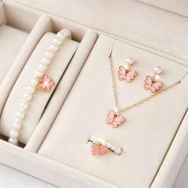 Cross-border Pearl Butterfly Jewelry suit Oil Butterfly Charm Pearl Bracelet Earrings Necklace Girls' Jewelry Wholesale