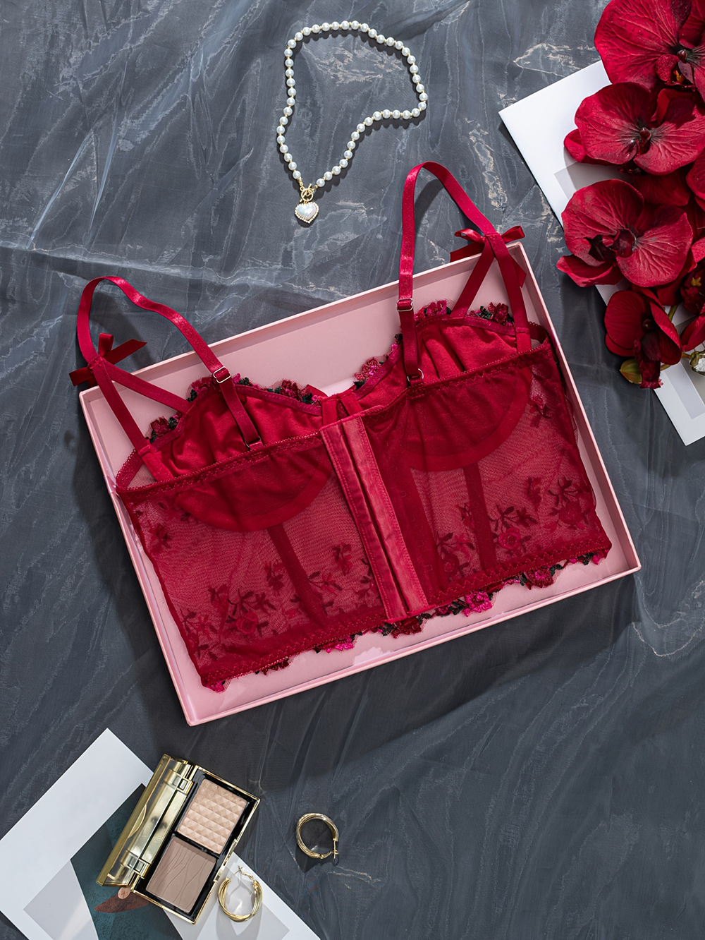 Women's Floral Embroidered Bra With Bow And Adjustable Straps_voghion.com