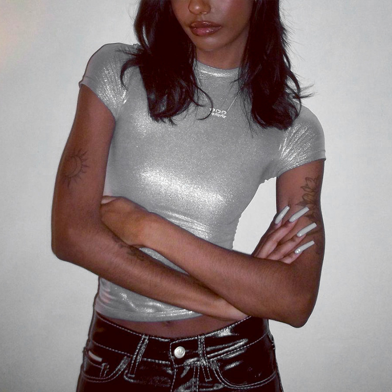 European and American style foreign trade women's clothing 2025 spring new fashion metallic round neck short sleeve tight T-shirt top women's clothing