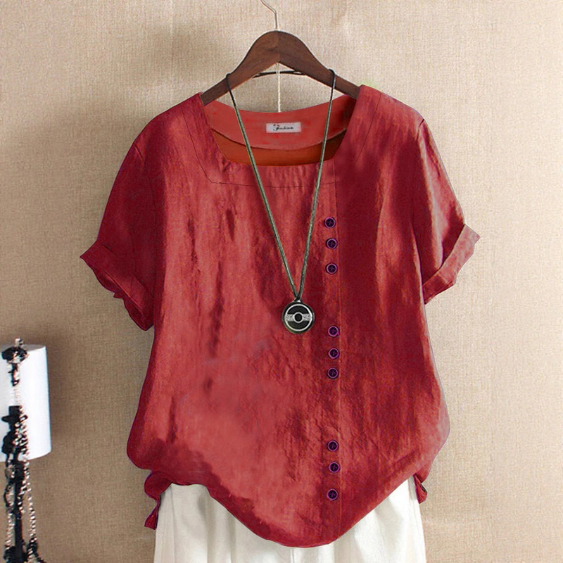 Cross-Border Women's Cotton and Linen Tops Large Size Casual Loose Cotton and Linen T-Shirts Cotton and Linen Women's Large Size Women's Clothing Amz Summer