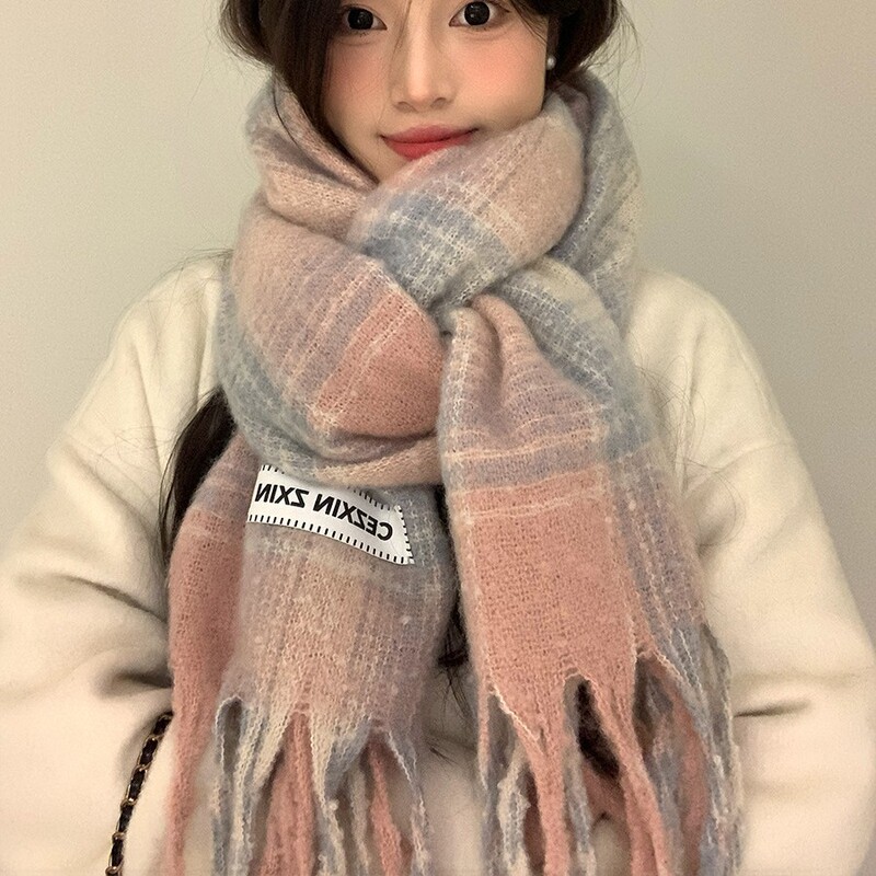 韩版格子围巾女2025冬季粉色高级感长款流苏围脖复古保暖学生披肩|undefined