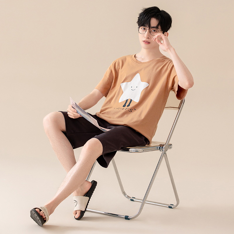 [Baby cotton] Class A antibacterial summer youth men's pajamas cotton short sleeve summer cotton cartoon home clothing