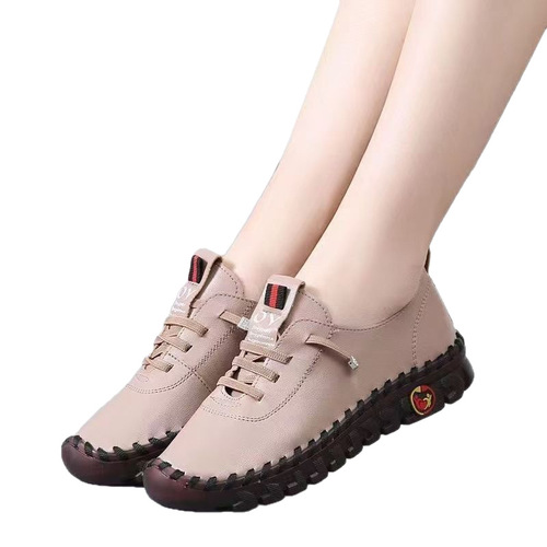 Handmade Stitched Soft Sole Spring and Autumn Women's Casual Leather Shoes for Middle-Aged Women, Comfortable and Non-Slip, No Foot Fatigue, Mother's Shoes