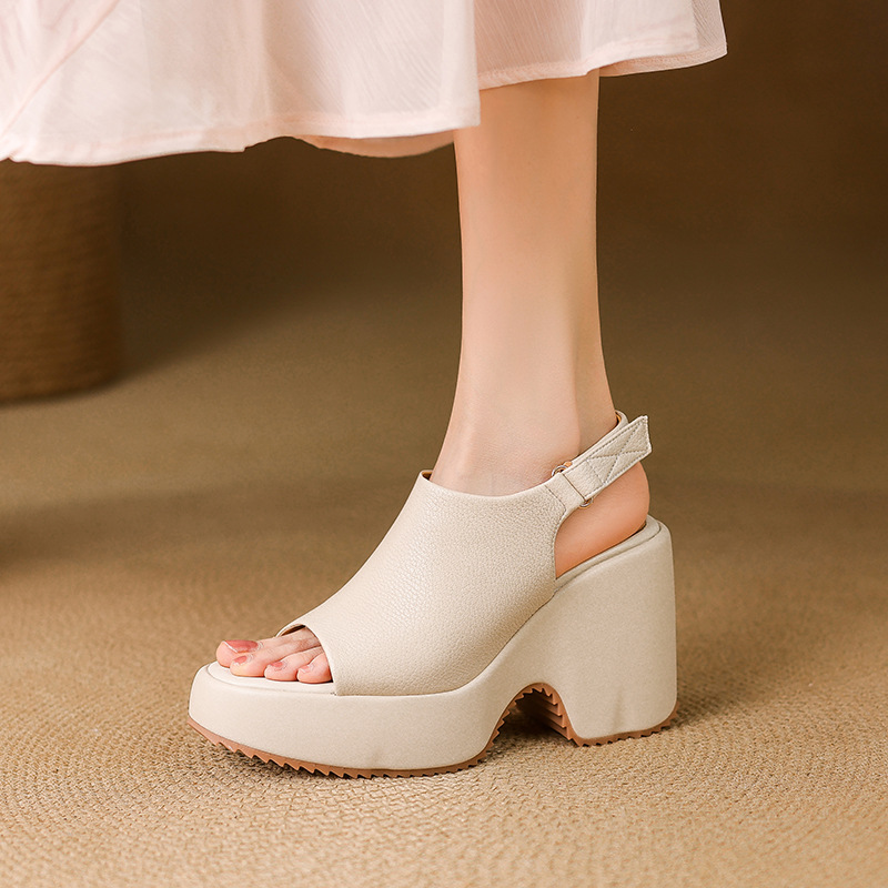 Sandal cao gót nữ hở mũi đế xuồng da bò mềm quai dán — màu trắng ngà, màu mơ