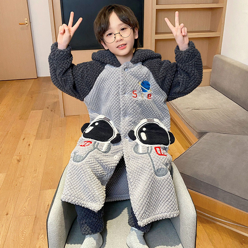 어린이 두꺼운 잠옷 소년의 따뜻한 플란넬 홈 옷 목욕 가운 긴 산호 양털 중대형 어린이 세트
